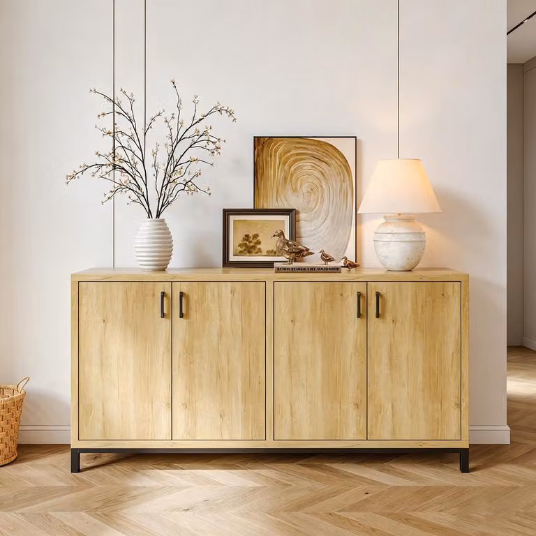 INONEFT, mobiletto da cucina, credenza, mobile contenitore con 4 ante, mobiletto da cucina con piano di lavoro, mobile buffet, dimensioni 160 x 35 x 80 cm, colore legno naturale