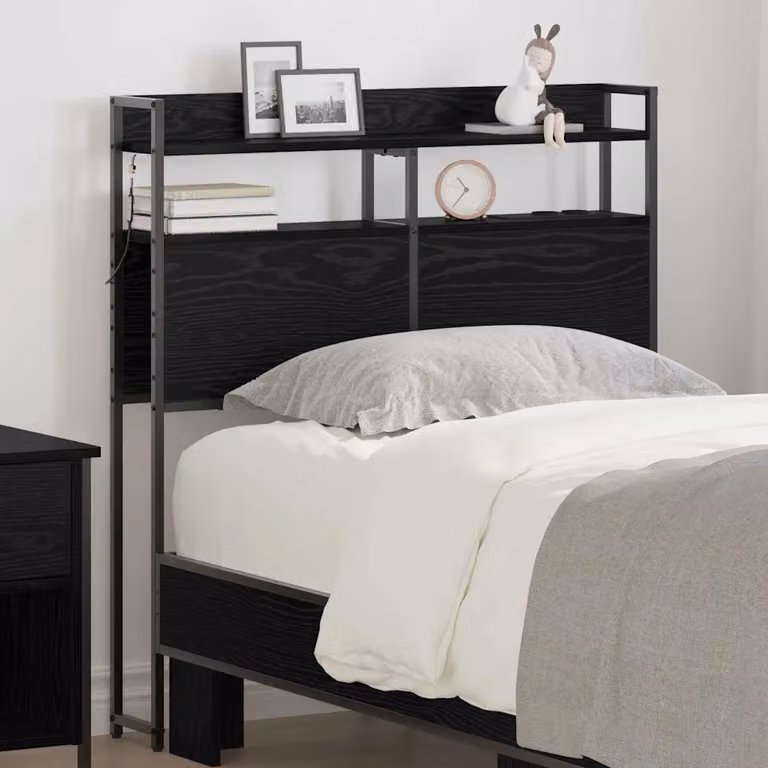 Testata letto con contenitore vidaXL in legno ingegnerizzato e metallo, colore nero opaco, con illuminazione integrata, mensola e porta USB