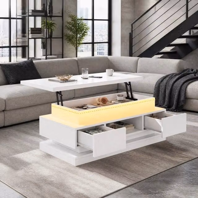 Tavolino da caffè bianco 100x50x40 cm con piano regolabile in altezza, LED e 2 cassetti, tavolo salotto con spazio nascosto in truciolato lucido