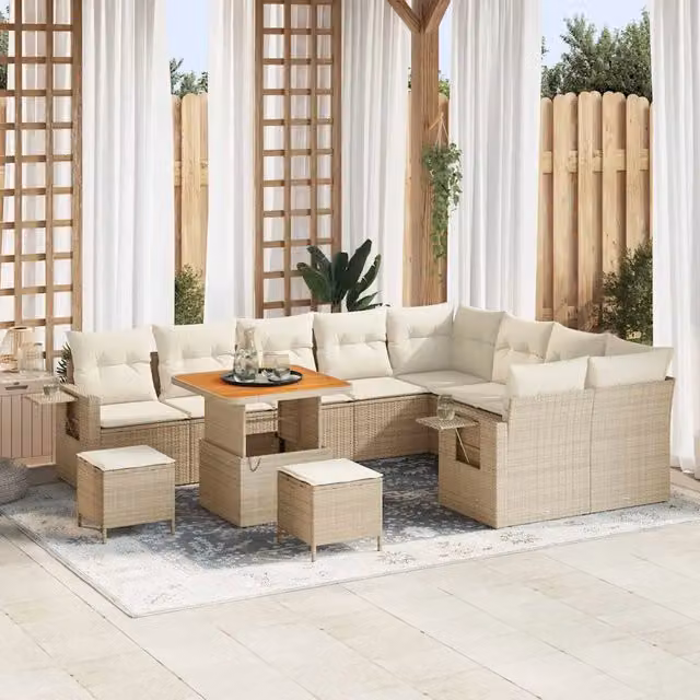 Set Divano da Giardino vidaXL a forma a U con 12 pezzi, Beige e Bianco, con struttura in metallo e cuscini inclusi