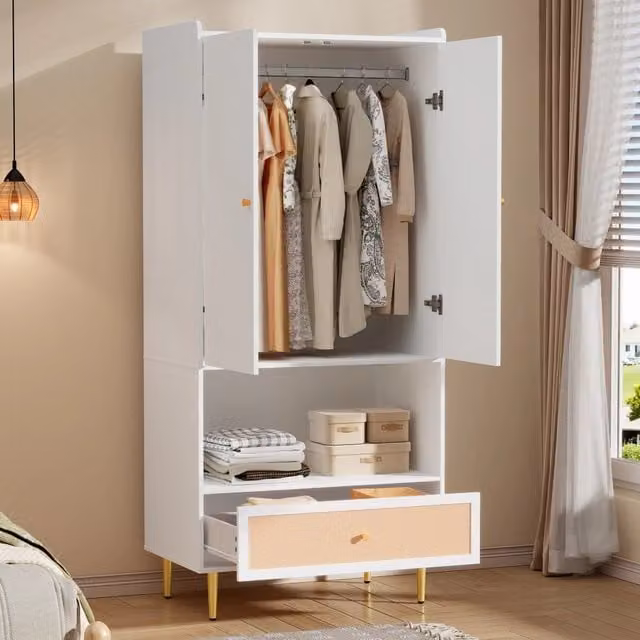 Armadio OKWISH bianco con 2 ante, cassetto in rattan e asta appendiabiti per camera da letto o soggiorno, L: 80 cm, P: 48 cm, H: 175 cm