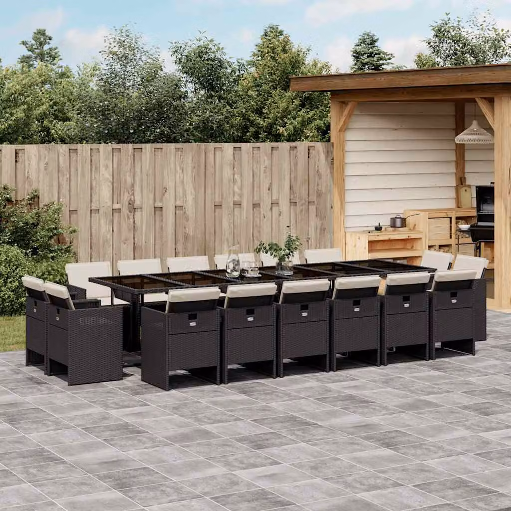 vidaXL Set da Pranzo da Giardino 17 pz in Polyrattan Nero con Piano in Vetro e Cuscini – 1