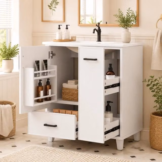 Mobile lavabo da terra 76,5x47x82 cm con lavandino in ceramica integrato, cassetto laterale a 2 livelli e vano porta interno, superficie laccata bianca