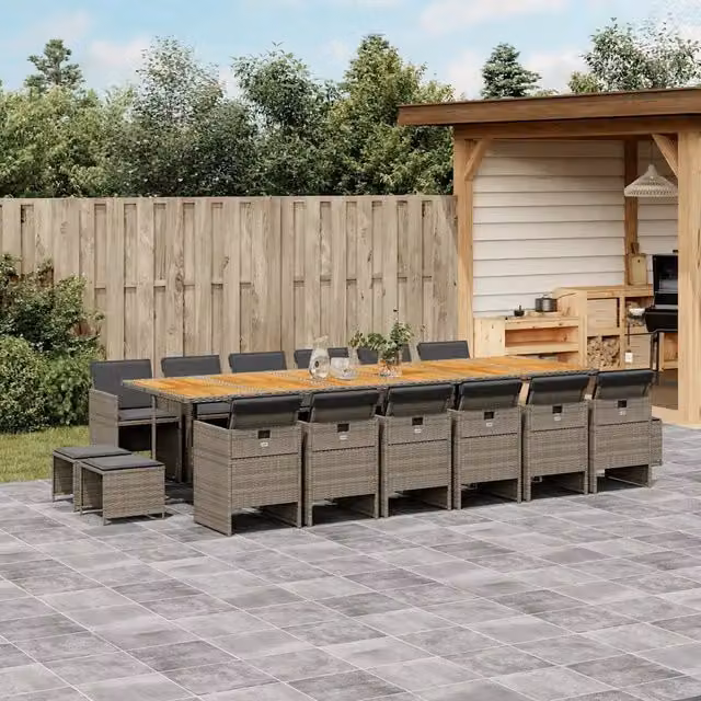 Set da pranzo da giardino vidaXL in polyrattan e legno di acacia con 17 pezzi e cuscini grigi