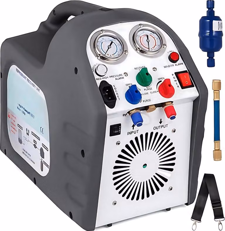 Macchina per il recupero dei refrigeranti - Pompa per vuoto oil-free - 1440 giri/min - Compressore raffreddato ad aria - Sicurezza ad alta pressione - 54 × 31 × 45 cm Stazione di lavoro