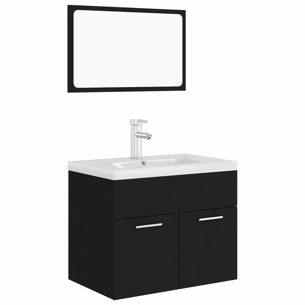 Set Mobili da Bagno Moderno vidaXL con Mobile Lavabo e Armadietto Specchio Nero e Bianco in Legno e Ceramica L/P/H: 60,0 x 38,5 x 46,0 cm – 2