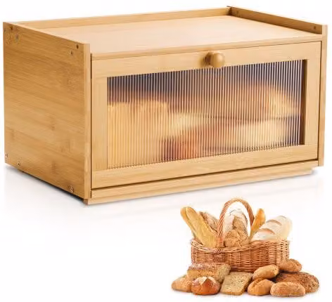 Contenitore per pane VEVOR in legno di bambù marrone con pannello in acrilico ondulato, ventilato, L: 40 cm, P: 25 cm, H: 22 cm
