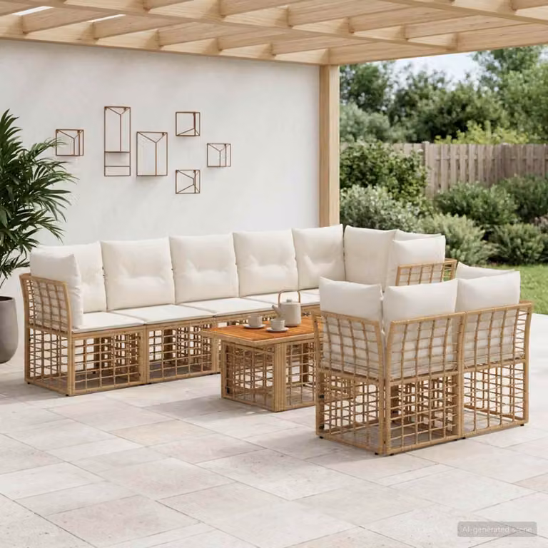 Set Divano da Giardino L-Shape vidaXL 9 pz in Polyrattan con Cuscini e Tavolino, Colore Naturale e Bianco Crema