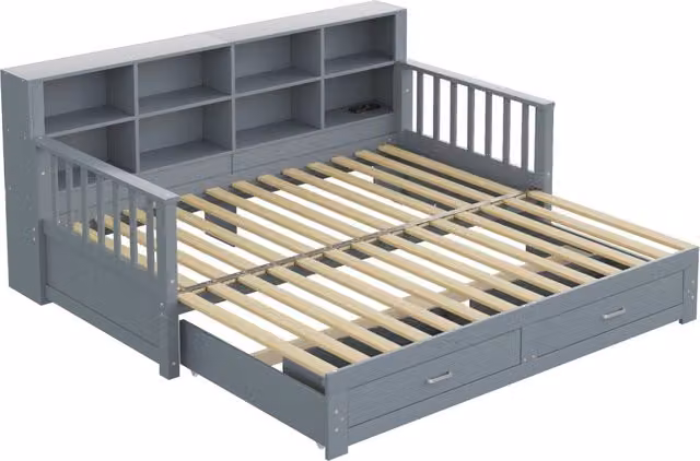 Divano Letto Estraibile in Legno Massello di Pino 90x190 cm con Letto 180x190 cm, Contenitore Laterale con Presa di Ricarica, 2 Cassetti, Struttura con Doghe, Grigio