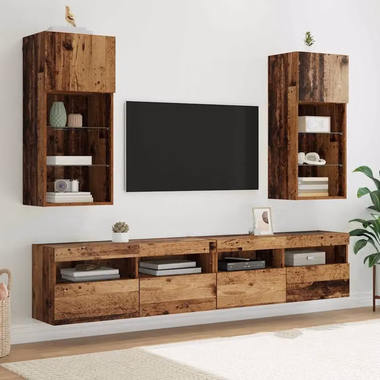 Set di 2 Mobiletti TV da parete vidaXL in legno marrone con illuminazione integrata, L/P/H: 90 x 40,5 x 30 cm