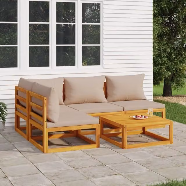 Set Salotto da Giardino 5pz con Cuscini Tortora Legno Massello 3155271