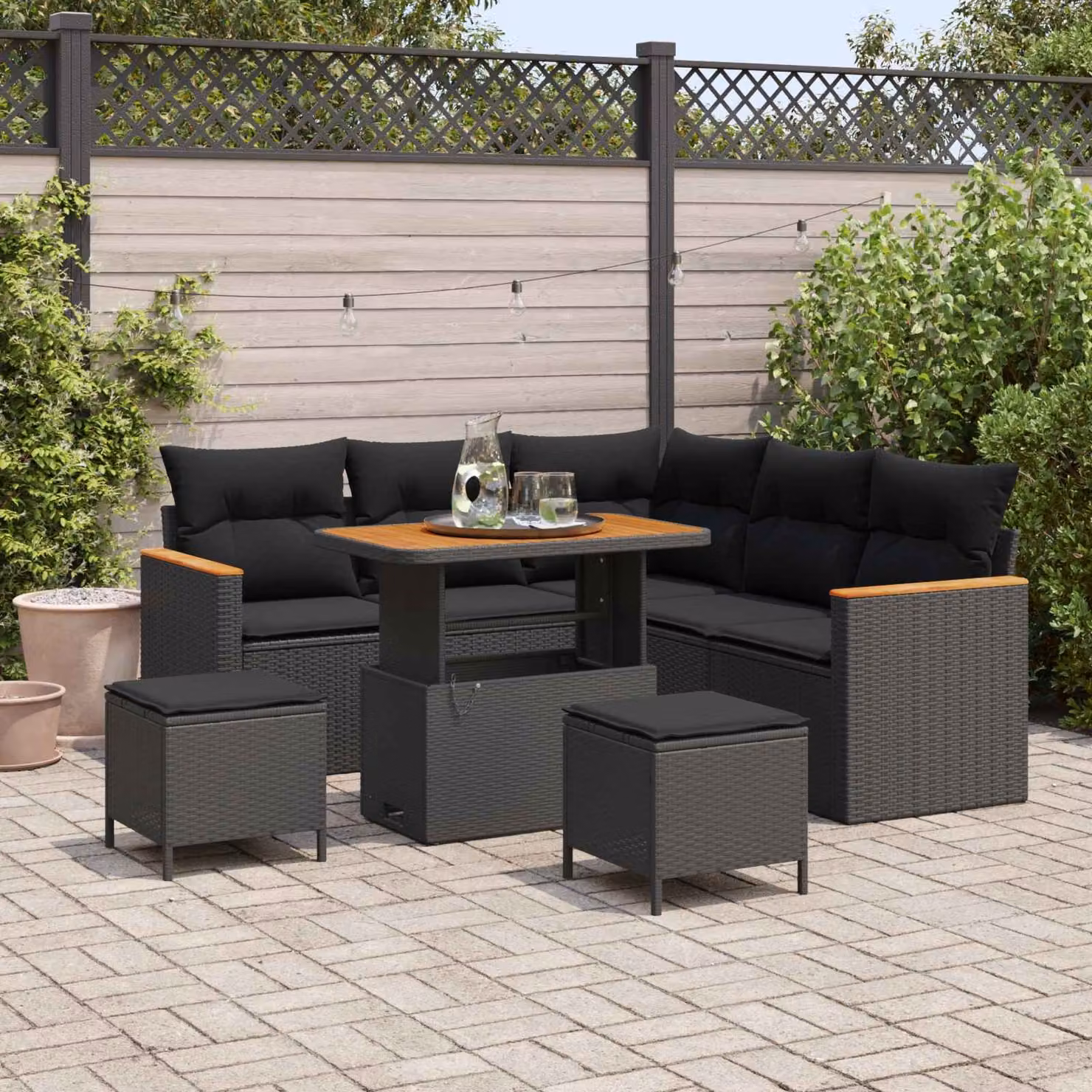 Set Divano da Giardino a L vidaXL in Polyrattan Nero con Cuscini e Tavolino da 8 Pezzi – 1
