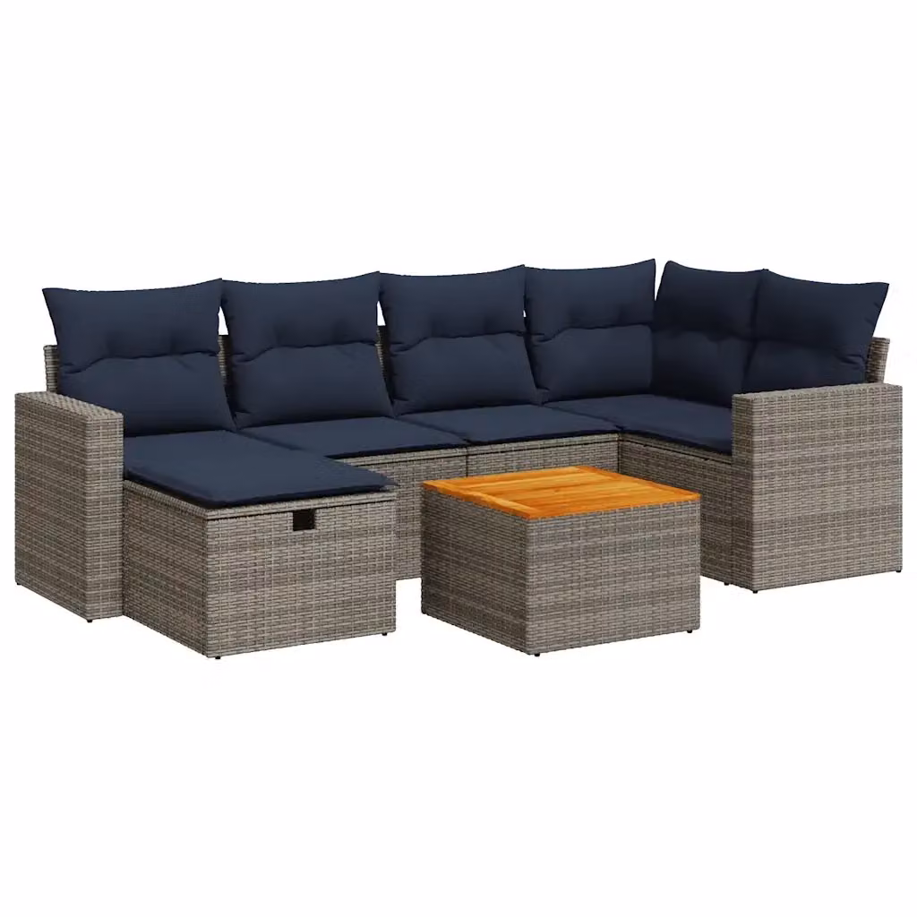 Set da giardino moderno vidaXL composto da 7 pezzi con cuscini in tessuto resistente ai raggi UV e struttura in metallo e rattan, include poltrona lounge, elemento angolare, pouf e tavolino da esterno, colore grigio – 2