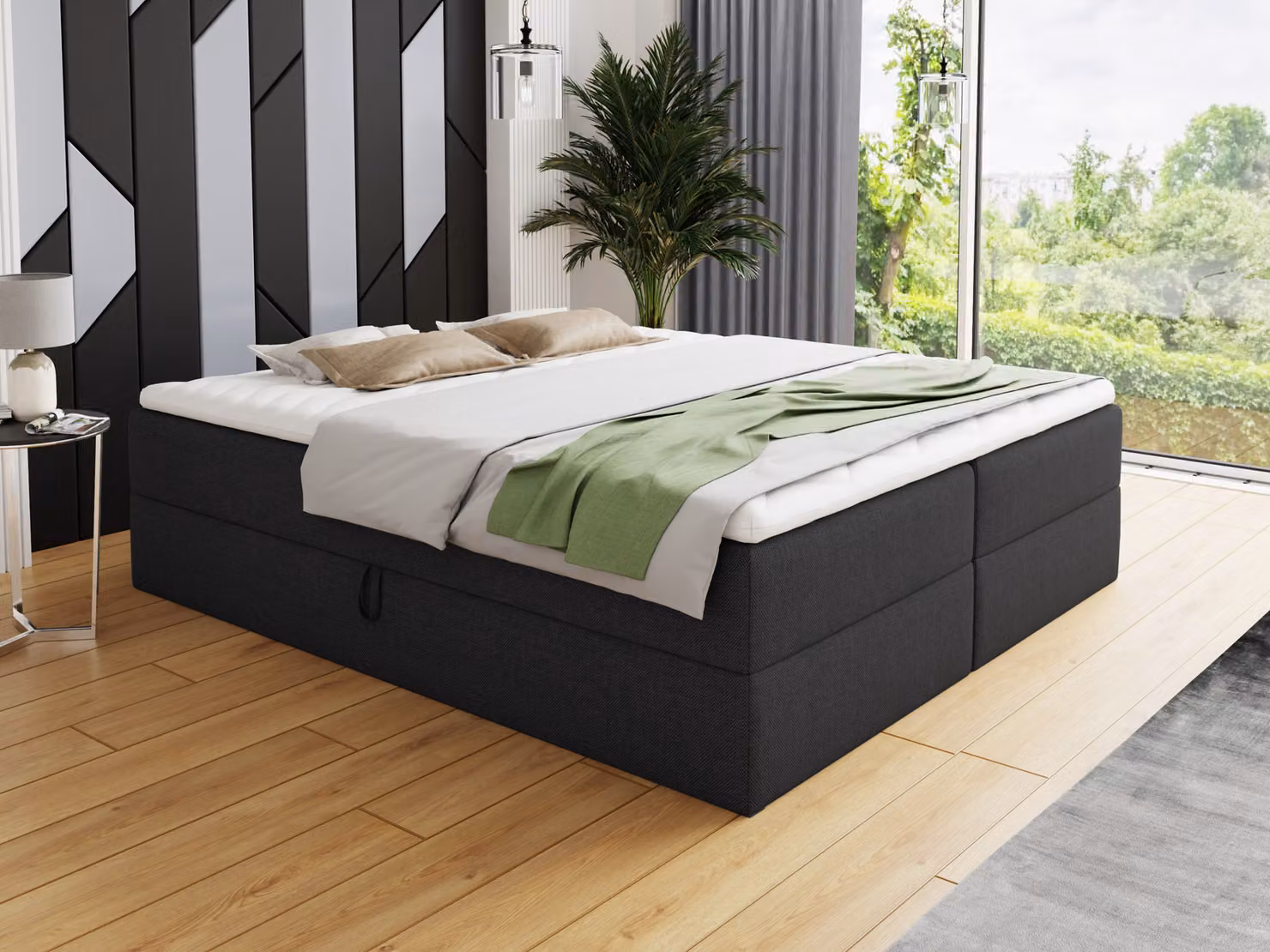 Letto boxspring Base con 2 cassetti - Letto matrimoniale con materasso Bonell e topper, letto imbottito, letto indipendente (nero (Inari 100), 140 x 200 cm)