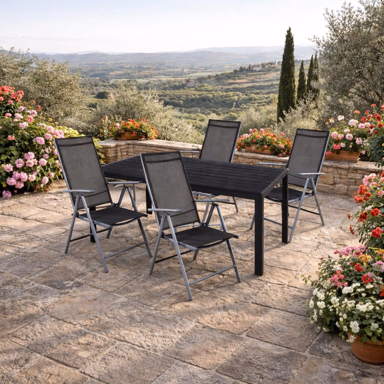 set 5 pezzi da giardino per esterni 125x70cm antracite/nero