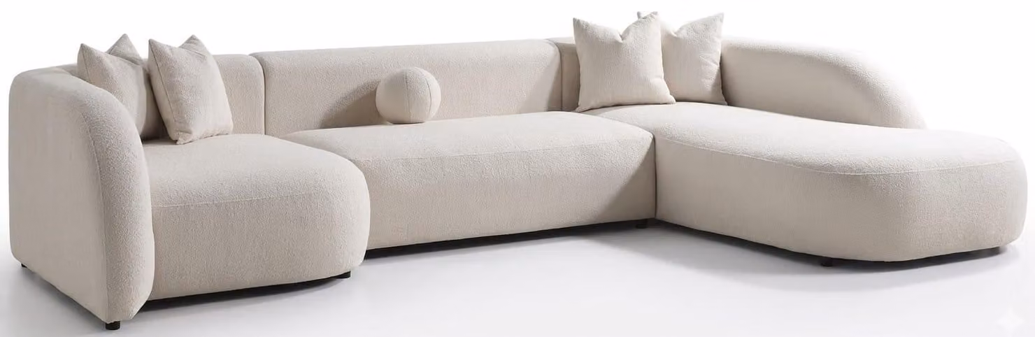 Divano ad angolo a forma di "L", color beige, rivestito in tessuto, ideale per il soggiorno, confortevole e accogliente
