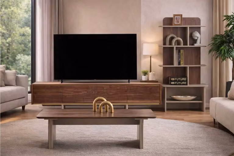 Elegante set da soggiorno marrone, composto da divano e mobile TV a basso profilo, e un raffinato tavolino