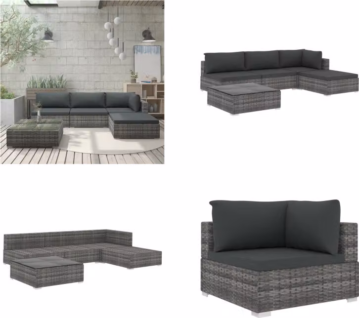vidaXL set salotto da giardino 5 pezzi con cuscini in poly rattan grigio - Set salotto da giardino - Set salotto da giardino - Divano da giardino - Divani da giardino