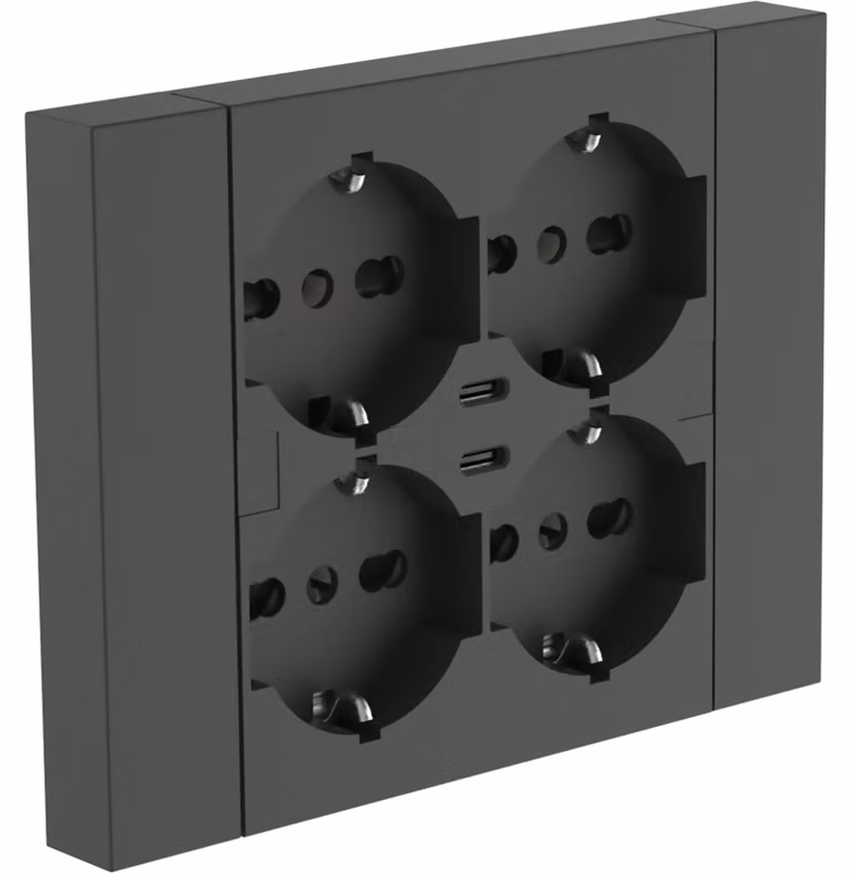 Electraline 22117 Presa da incasso Quadra a 4 posti universale P40 + 2 USB-C, compatibile con tutte le scatole da incasso a 3 posti (muratura o cartongesso)