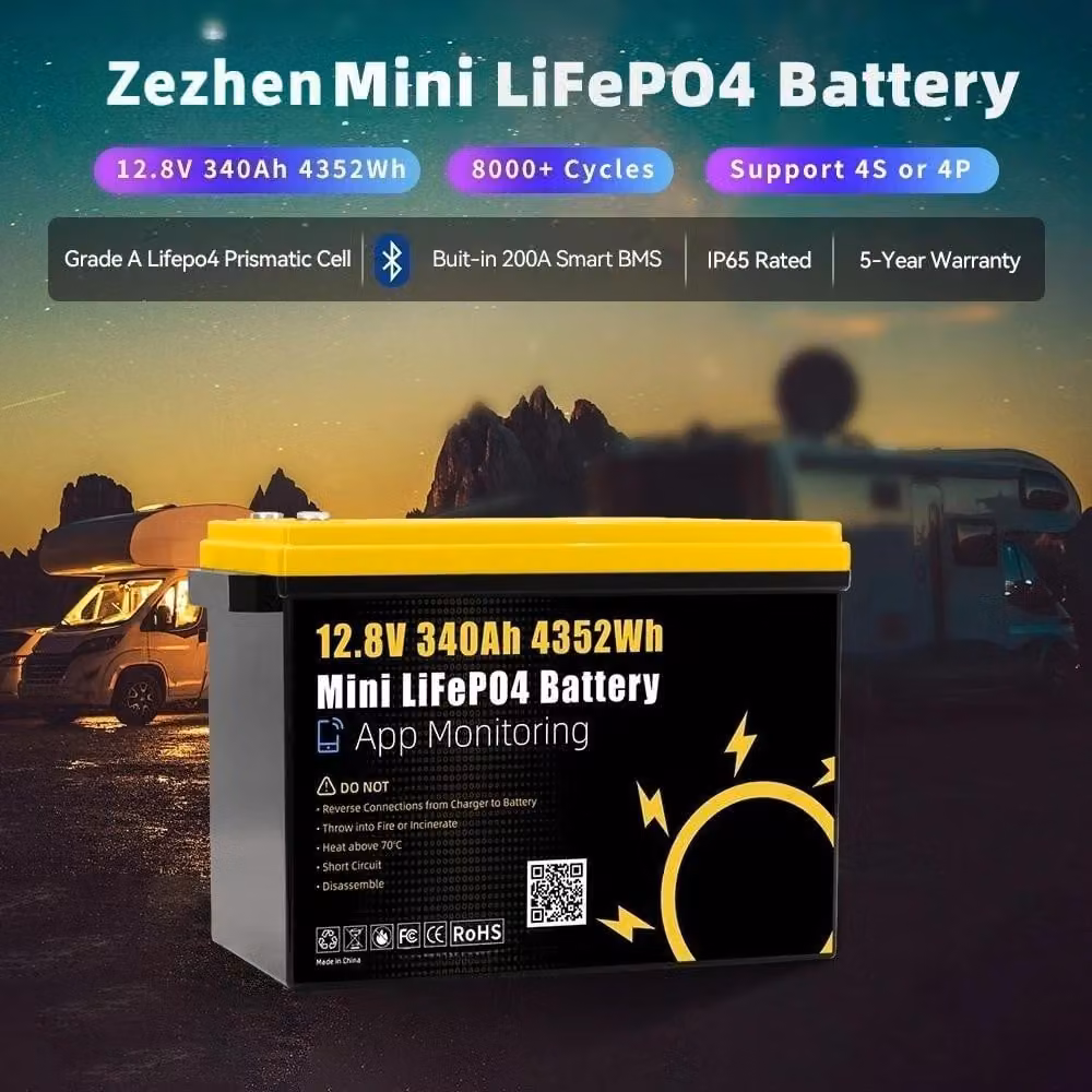 Batteria LiFePO4 12,8V 340Ah - Batteria ad alta capacità di scarica - Celle di grado A - BMS integrato - Oltre 8000 cicli di carica - Ideale per impianti solari off-grid, camper e golf cart - Confezione singola