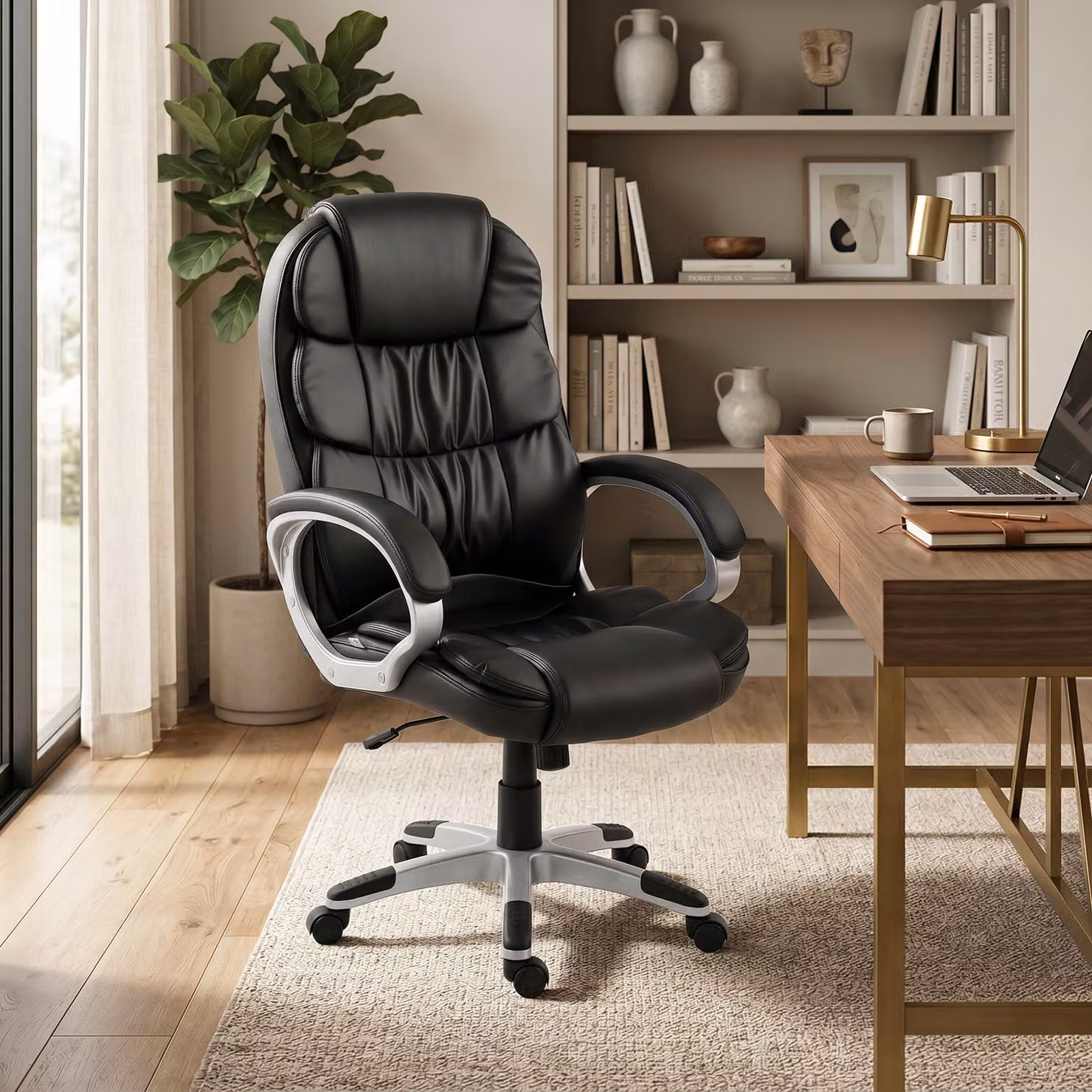 Sedia da ufficio ergonomica HOMCOM girevole in pelle PU nera con funzione dondolo e braccioli, altezza regolabile, portata 120 kg – 2