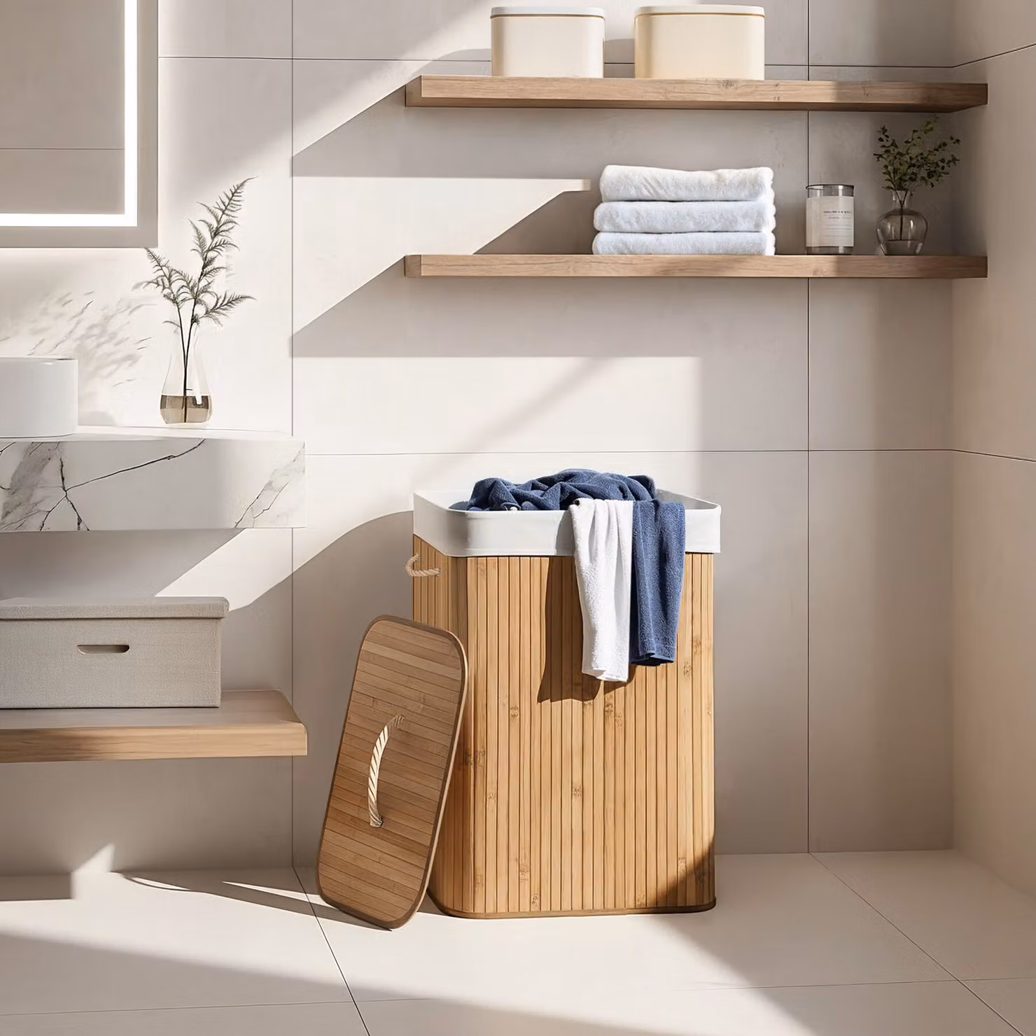 Cesto per la biancheria TecTake GmbH con sacchetto in cotone rimovibile e maniglie, pieghevole, beige, 72 L, L/P/H: 60,0 x 31,5 x 31,5 cm – 2
