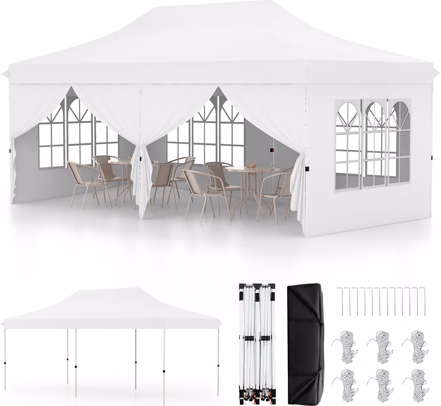 Gazebo pieghevole COSTWAY 3x6m con 6 pareti laterali rimovibili, borsa di trasporto, gazebo idrorepellente regolabile in altezza, protezione UV 50+ bianco