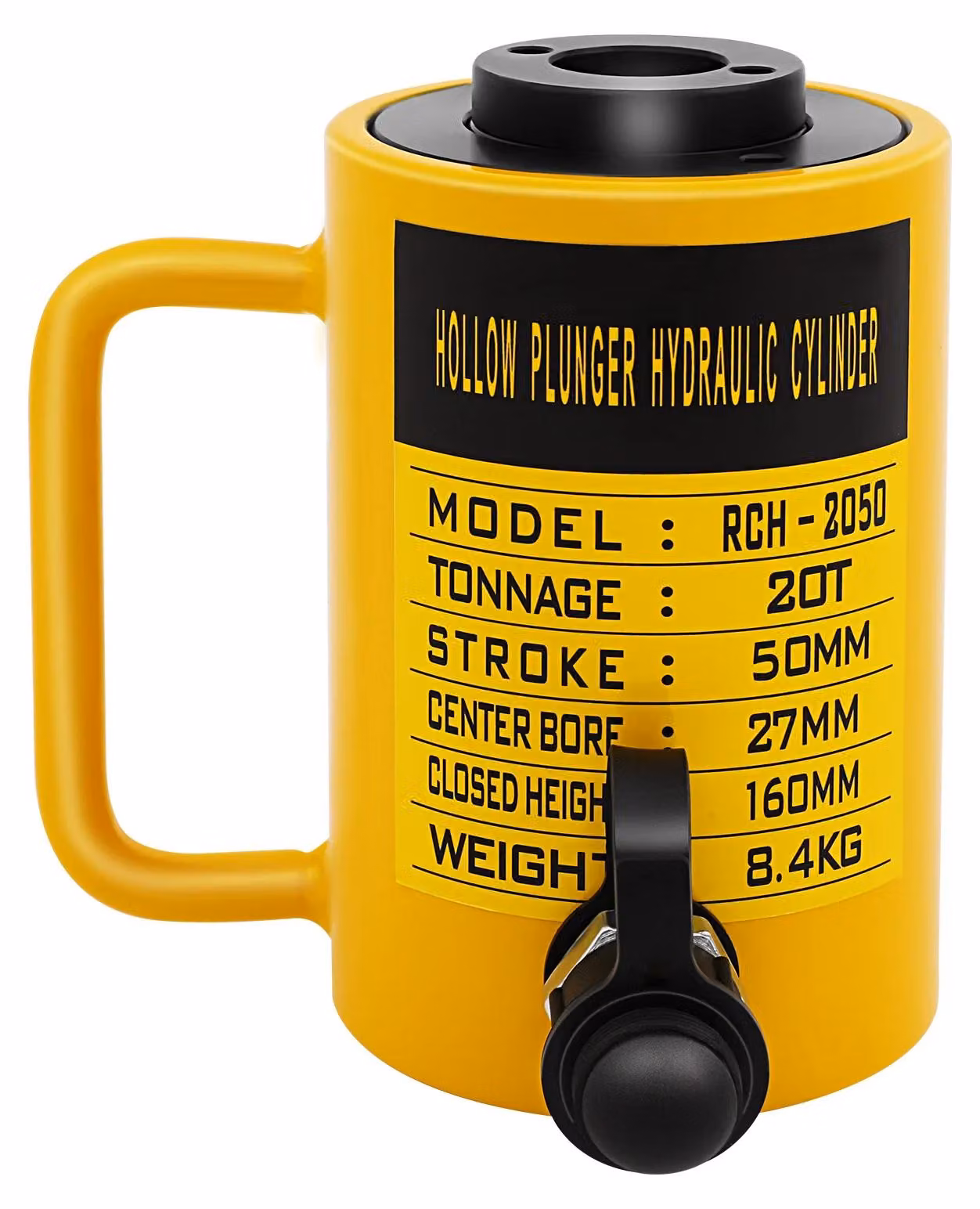 Cilindro idraulico per sollevamento, capacità 20 tonnellate - Pistone cavo - Corsa di 16 cm - Design compatto - Ideale per sollevare e tirare - Compatibile con la pompa manuale CP-700 - Colore giallo