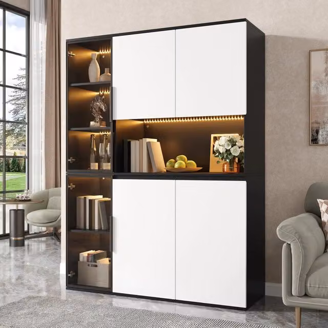 Vetrina moderna MIVRAY in MDF bianco e nero con illuminazione integrata e ante in vetro per soggiorno, L: 120 cm, P: 40 cm, H: 160 cm