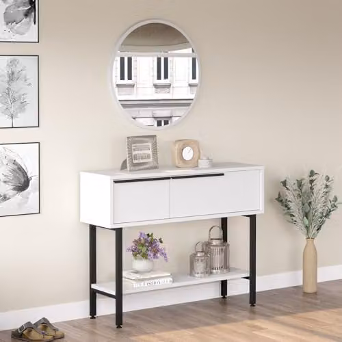 [en.casa] Tavolo Consolle da Ingresso con Scomparti Chiusi e Ripiano Mobile per Corridoio Studio Soggiorno con Ante Ribaltabili 100 x 30 x 76 cm - Bianco/Nero