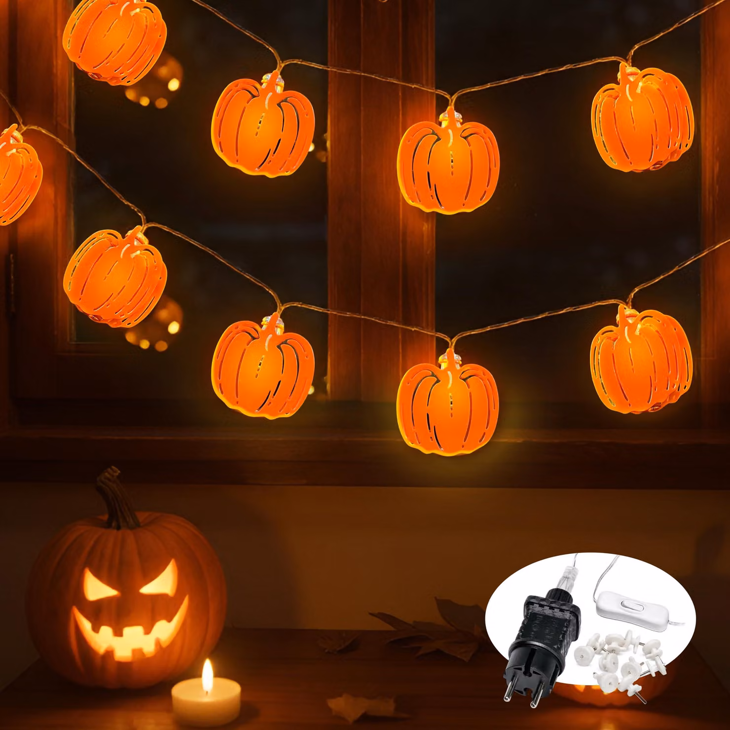 Catena luminosa a tema Halloween, 6 metri, 20 LED, luce bianco caldo, decorazione zucca