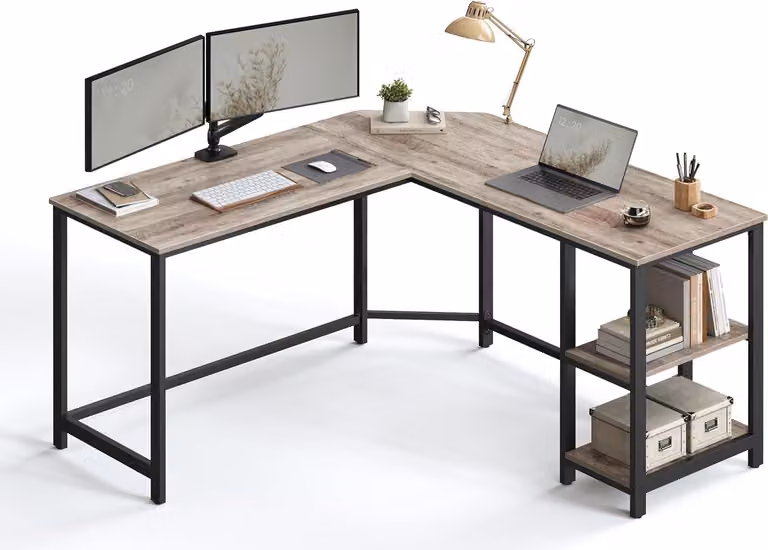 Scrivania VASAGLE, scrivania angolare a L con 2 ripiani, scrivania salvaspazio dal design industriale, 138 x 138 x 75 cm, grigio-nero