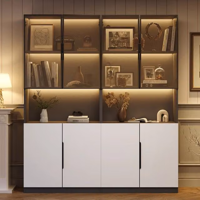 Vetrina moderna con ante in vetro; mobile bianco con dettagli neri; LED; 160x30x200 cm