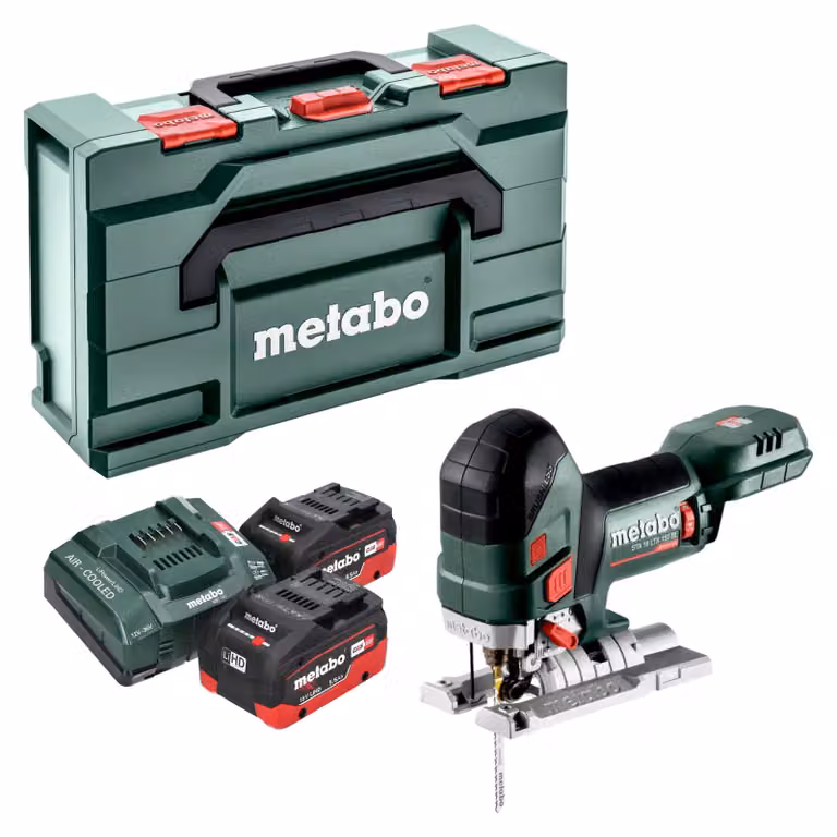 Sega a gattuccio a batteria Metabo STA 18 LTX 150 BL 18 V 150 mm Brushless + 2 batterie LiHD da 5,5 Ah + caricabatterie + Metabox