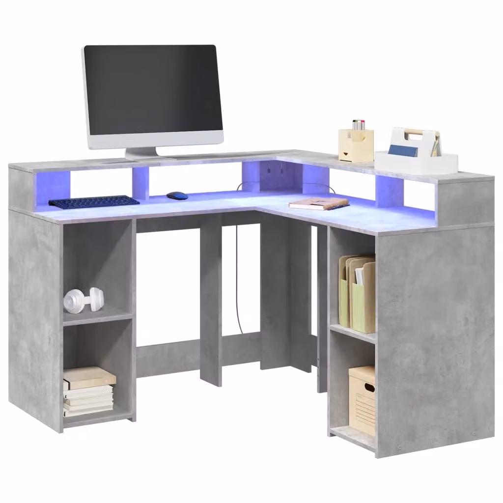 Scrivania angolare moderna vidaXL con luci LED Grigio, L: 130 cm, P: 130 cm, H: 91 cm