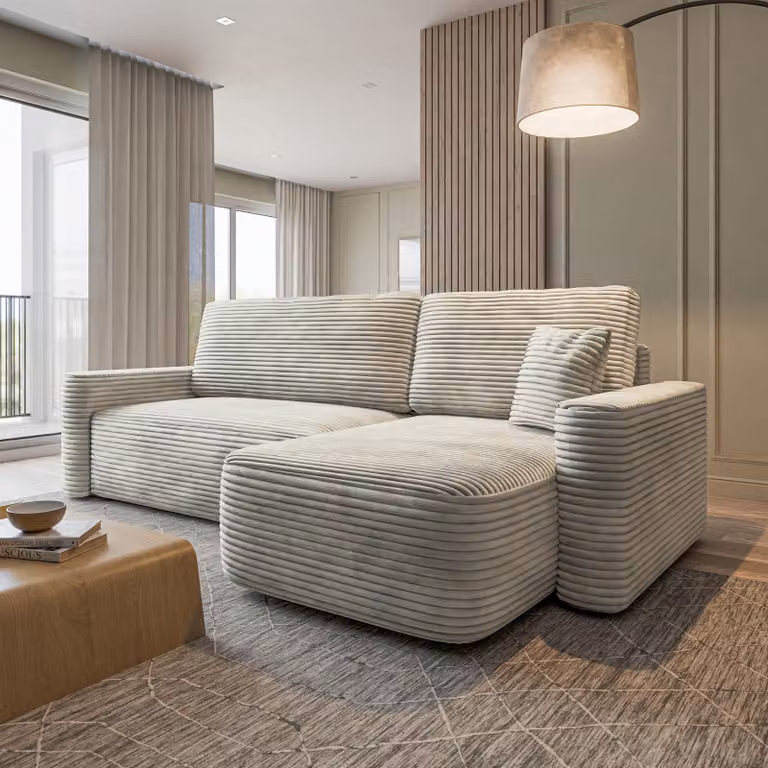 Divano ad angolo Masseno NERI T con funzione letto a L, divano con contenitore, divano da salotto, divano, divano letto, set divani - Grigio chiaro, TILIA 83
