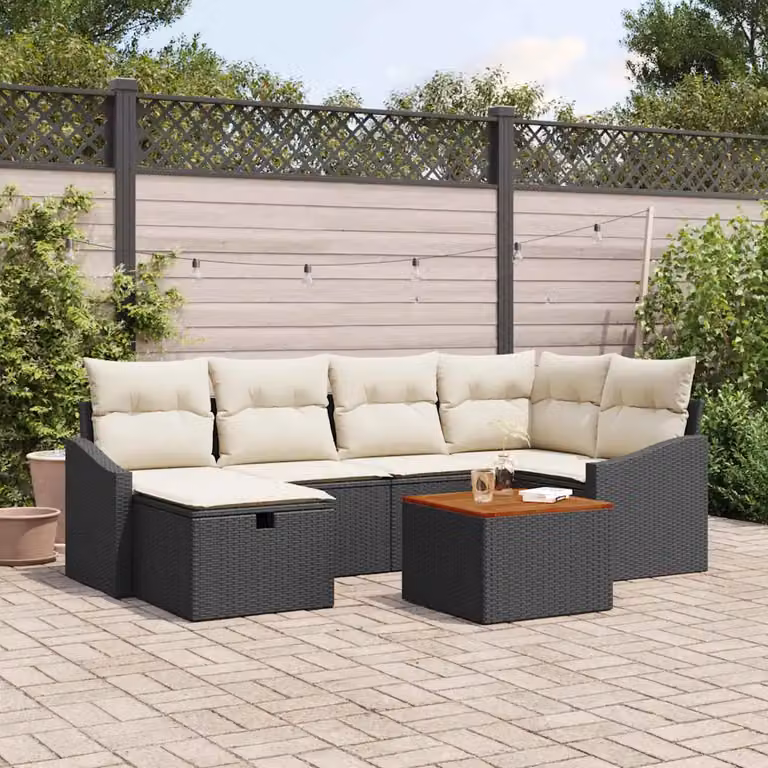 Set Divano da Giardino vidaXL 7 Pezzi in Polyrattan Nero con Cuscini e Tavolino