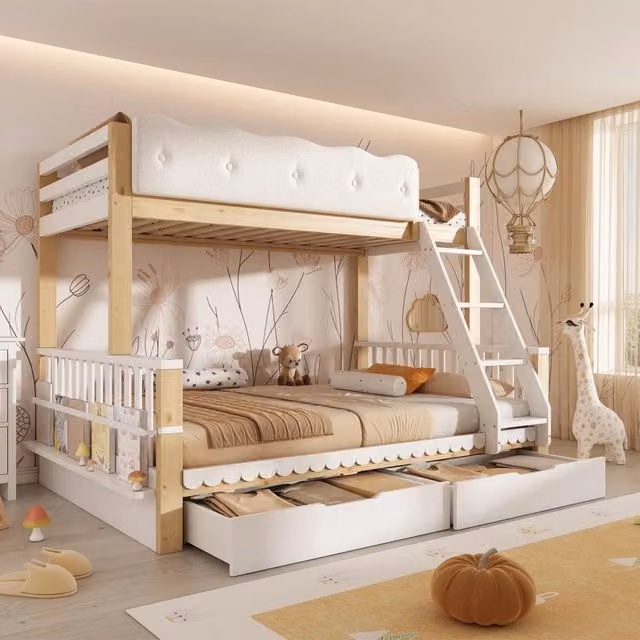 Letto a castello 90 x 200 cm e 140 x 200 cm in legno bianco e rovere con cassetti