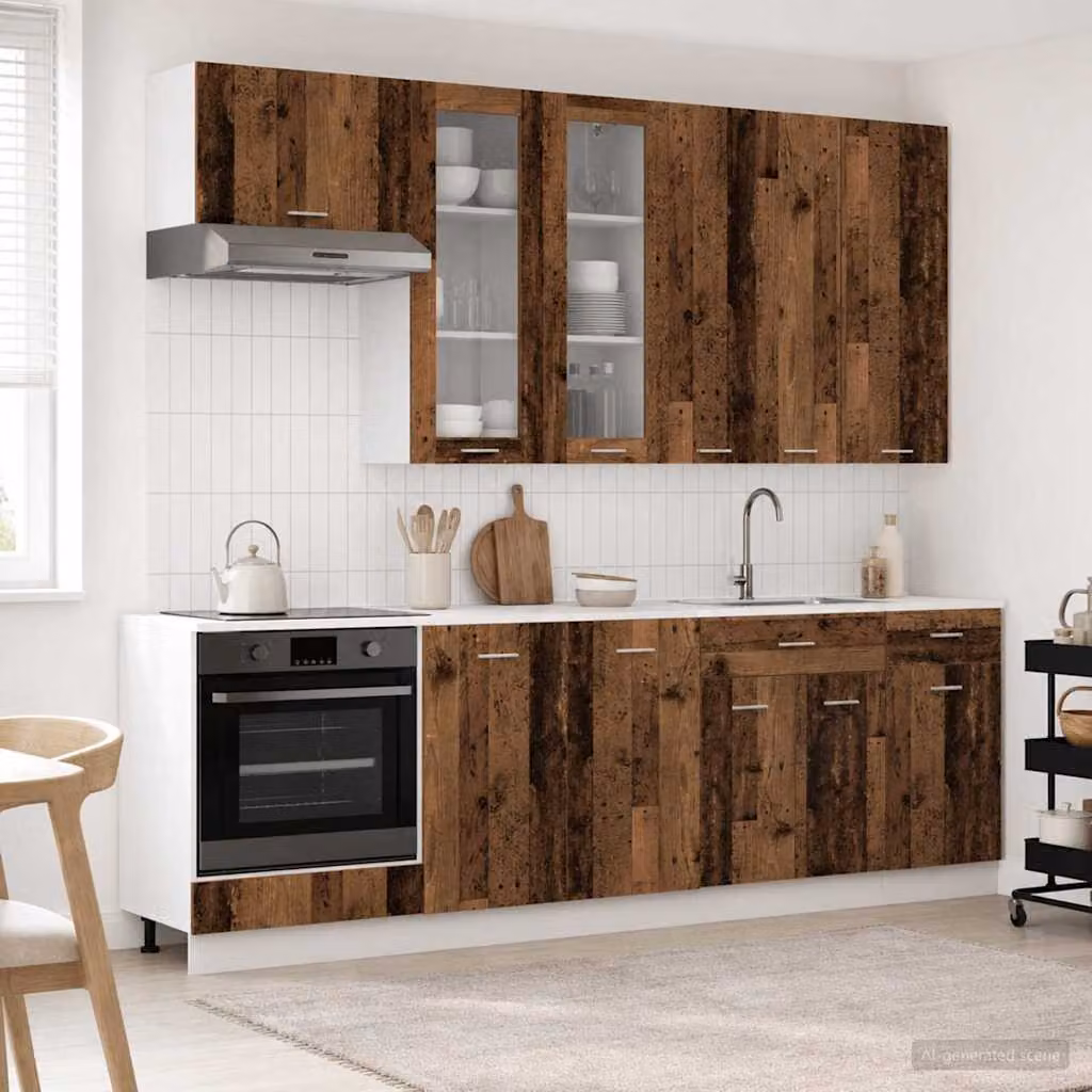 vidaXL Unità Cucina LYON 8 Pezzi in Legno Antico Marrone con Ante in Vetro
