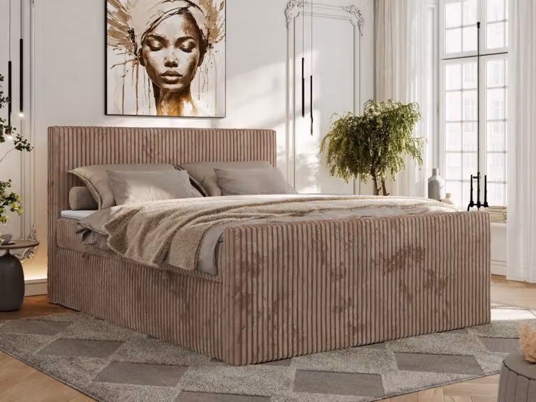 Letto continentale con contenitore per biancheria da letto TILIANO DUO 160x200 Hard H4 - Topper T25, Marrone - tessuto a coste