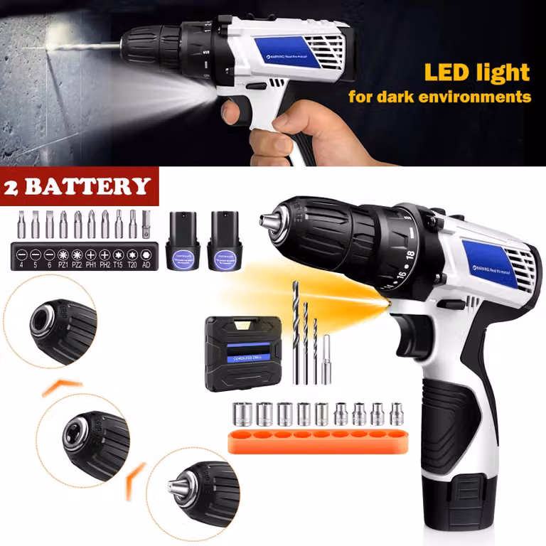 Trapano avvitatore a batteria - 12 V - Motore brushless - Coppia di 45 Nm - 2 batterie da 1,5 Ah - 18+1 livelli di coppia - 2 velocità