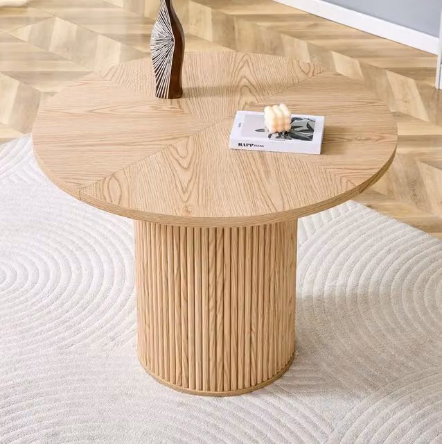 Tavolo da pranzo rotondo 100 cm con vano contenitore; MDF e metallo; effetto legno naturale