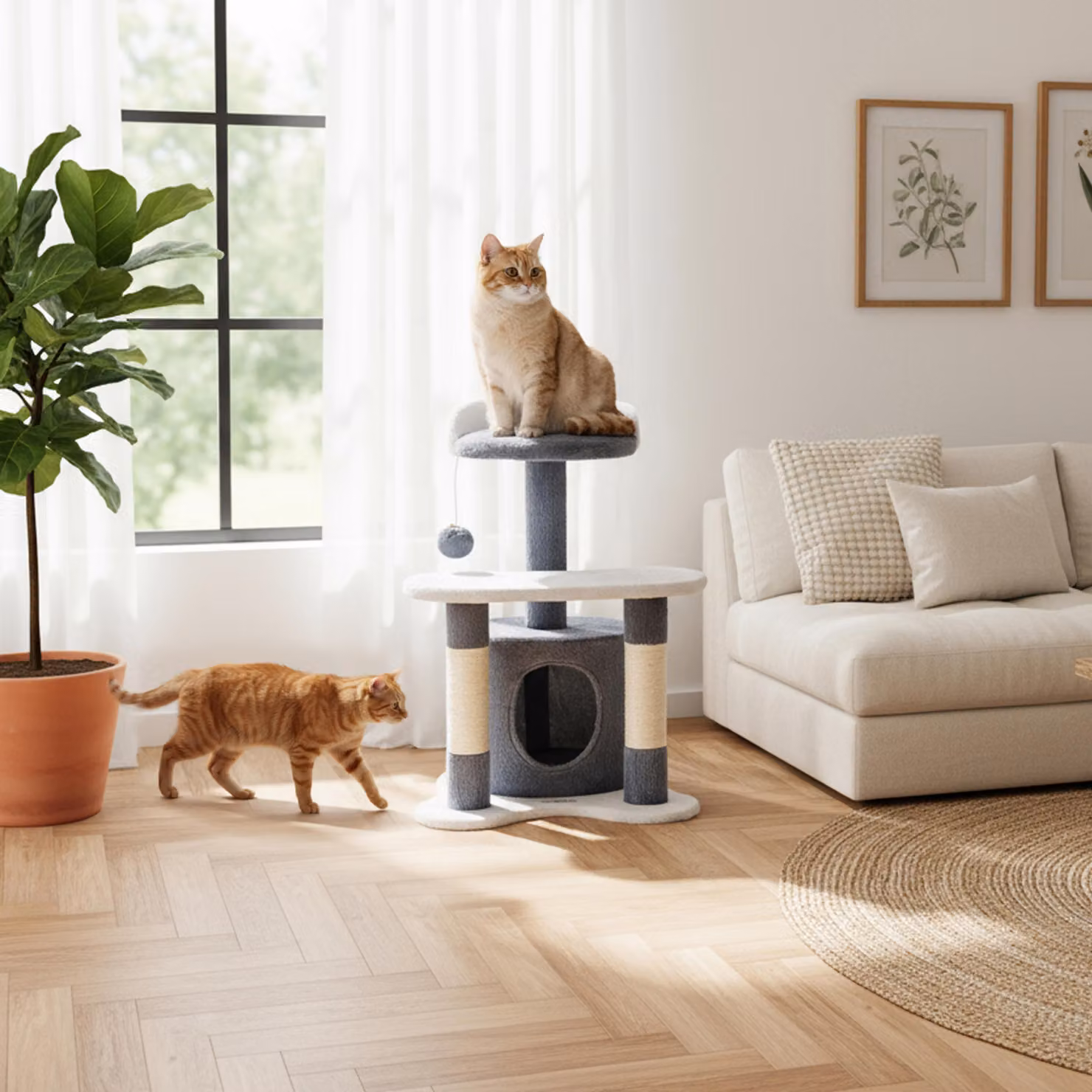 belviona tiragraffi per gatti 65 cm, tiragraffi compatto con grotta, area per sdraiarsi e pali in sisal, stabile luogo di gioco e riposo, grigio/bianco