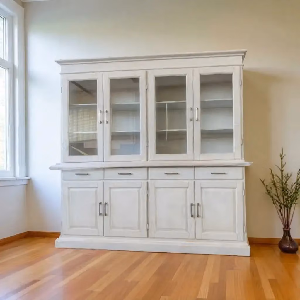 Credenza cristalliera KIVIO in legno e vetro bianco con ante in vetro e ripiani interni H: 210 cm, L: 205 cm, P: 45 cm – 2