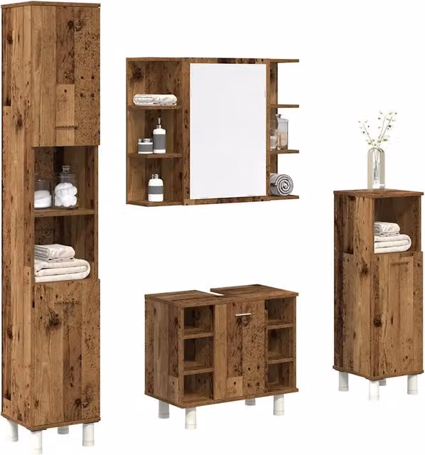 Set di mobili da bagno vidaXL 4 pezzi in legno color marrone antico con specchio e armadietto