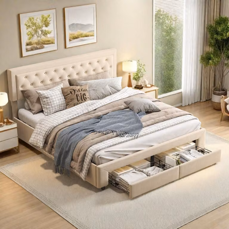 Letto matrimoniale 160x200 con contenitore, letto con cassetti, struttura letto matrimoniale con rete a molle, imbottitura in velluto beige, senza materasso