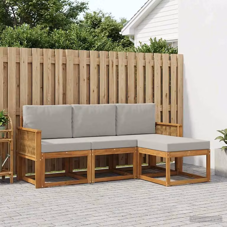 Set di divani da esterno vidaXL a forma di L in legno di acacia con pouf e cuscini, beige e grigio