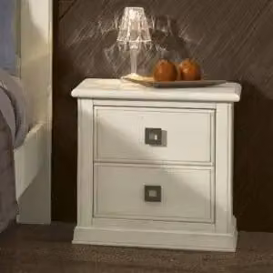 Comodino Shabby Chic KIVIO con 2 cassetti in legno bianco anticato e maniglie quadrate