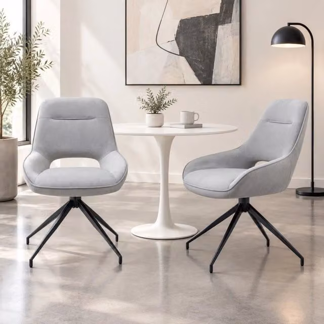 Set di 2 sedie da pranzo girevoli a 360 gradi MIVRAY in velluto grigio chiaro con braccioli e struttura in metallo nero
