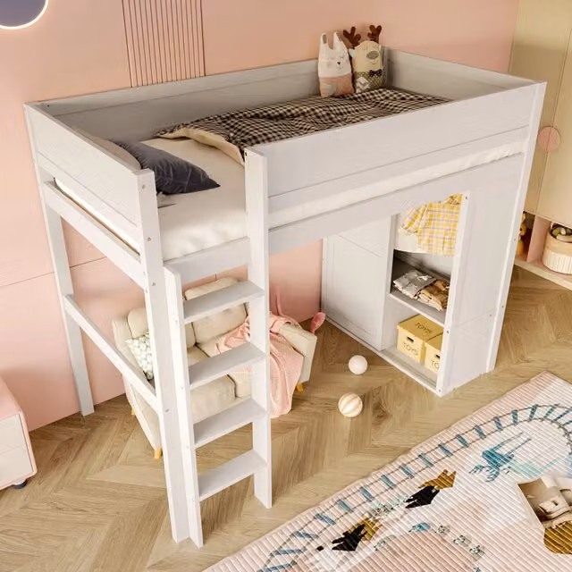 Letto a soppalco ULEVR 90x200 cm con armadio e vano contenitore, legno di pino e MDF bianco